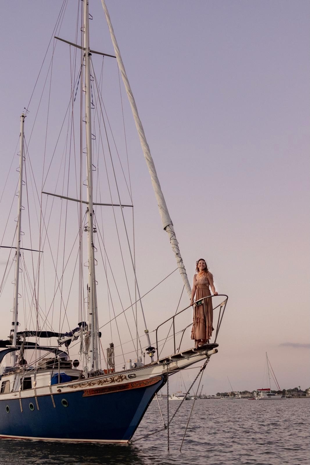 Natassja on the bowsprit at anchor
